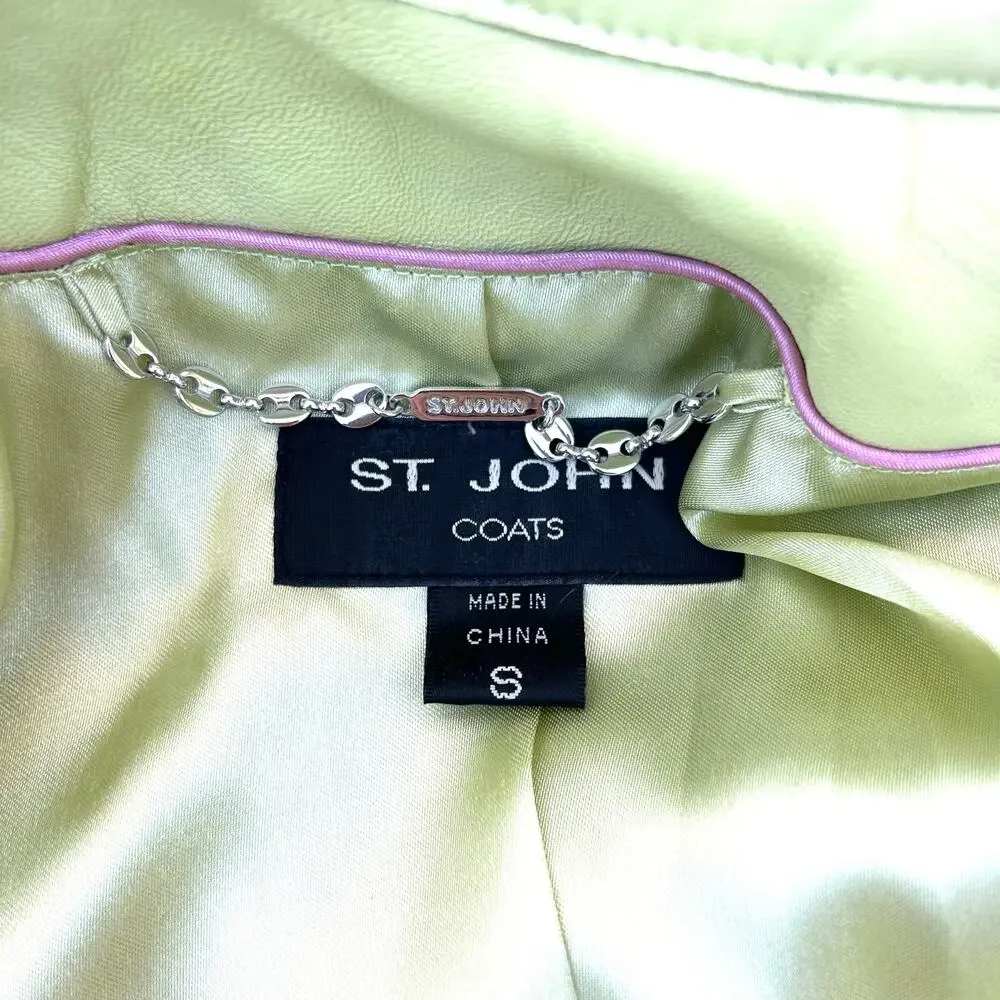 St. John Coats Y2K Vintage Like Green Leather Blazer Jacket Small Zip Statement